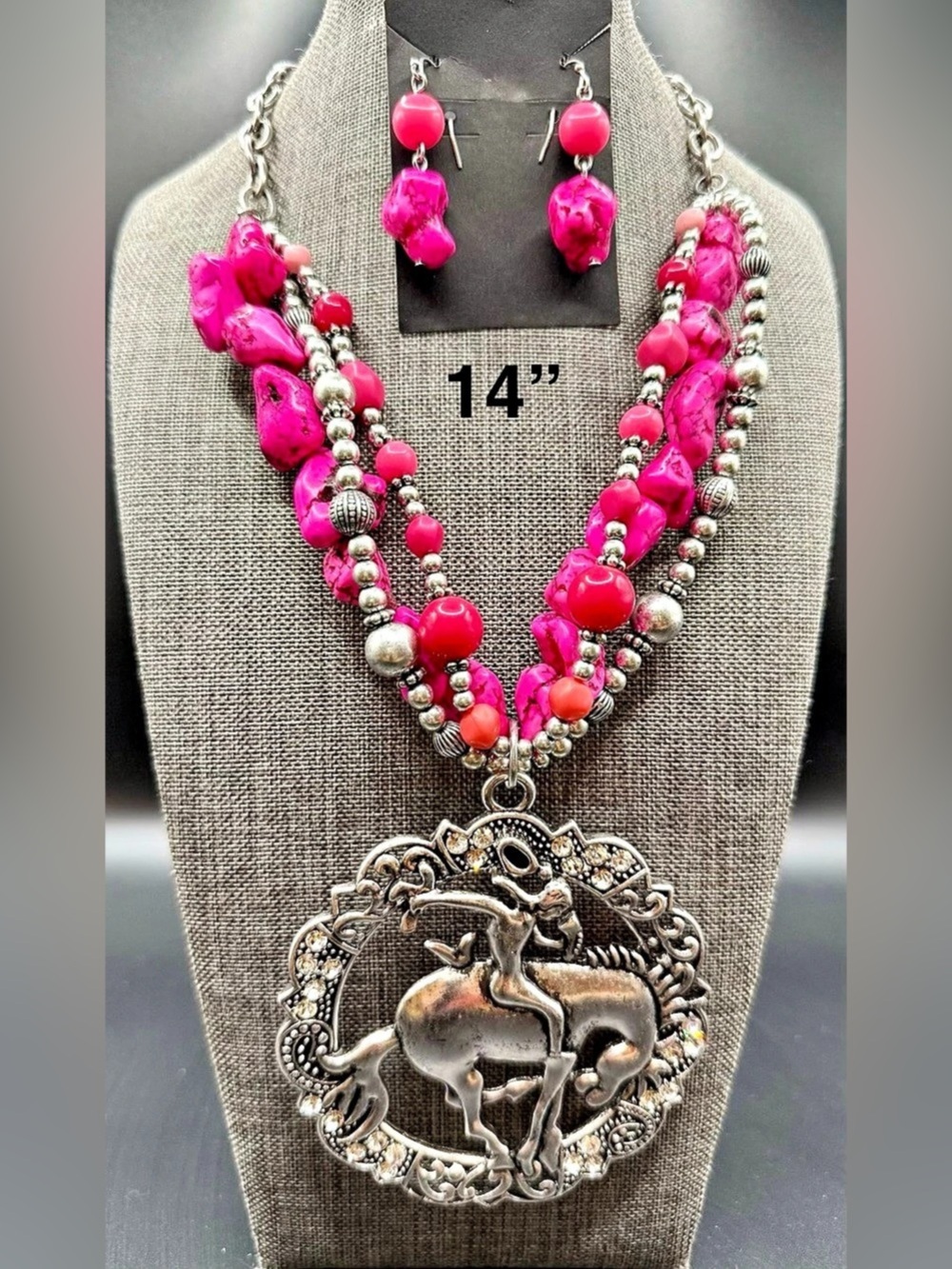 Pink Cowboy Beaded Statement Necklace & Earrings